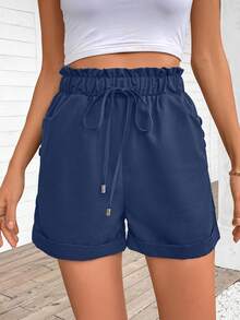 SHEIN LUNE 女式纯色简约日常荷叶边下摆短裤 - 藏蓝色 - 查看 3