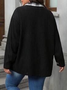 SHEIN LUNE Plus Size Women's Solid Plaid Patchwork Long Sleeve Jacket