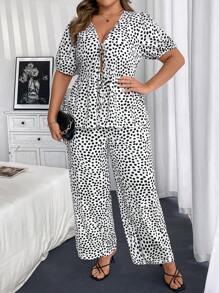 Franclia Plus Size Women Deep V-Neck Polka Dot Print Short Sleeve Blouse With Tie-Up And Loose Straight Pants