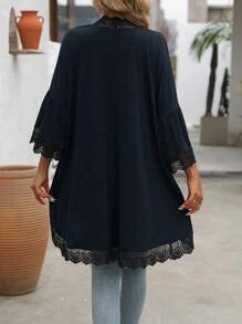 SHEIN LUNE Áo khoác nhẹ tay giữa mùa hè cho nữ, áo len cardigan, viền hoa, tay áo tương phản, viền cong - Màu xanh hải quân - Xem 2