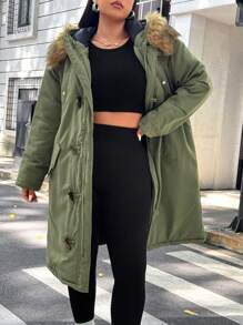 SHEIN EZwear 大码女式冬季纽扣设计蓬松连帽宽松长款休闲棉服外套 - 軍綠色 - 查看 5