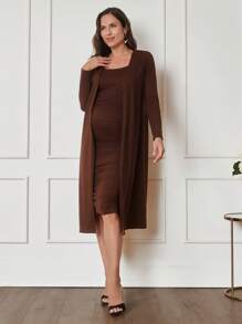 MaterniWear 棕色 2 件孕妇套装：宽松长袖夹克和紧身吊带背心裙