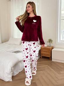 Heart-Shaped Flannel Long Sleeve Top & Pants Fluffy Pajama Set For Warmth Cozy And Elegant Details, Fall Winter Clothes - Red - View 3