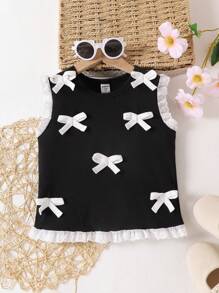 SHEIN 年轻女孩夏季时尚蕾丝边蝴蝶结装饰荷叶边下摆吊带背心可爱甜美上衣 - 黑色 - 查看 3