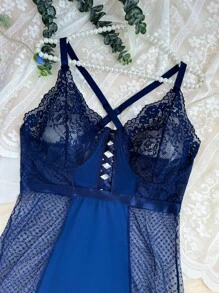 SHEIN Bộ đồ lót ren chéo mắt lưới tương phản cỡ lớn gợi cảm - Xanh đậm - Xem 7