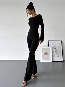 Firerie Women Off Shoulder Flared Sleeve & Flared Leg Bodycon Jumpsuit - Black - View 2