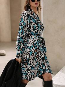 Aveloria French Elegant Floral And Leopard Print Wrap Asymmetrical Hem Midi Dress With Cinched Waist, Long Sleeve