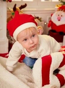 SHEIN Conjunto de 2 peças: Suéter de Moletom com Gola Redonda Temática de Natal para Bebê Menino/Menina, Combinado com Calça Denim Casual Bordada, Para Outono/Inverno, Adequado para Festas ao Ar Livre de Natal e Reuniões de Férias - Damasco - Visão 3