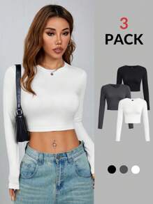 SHEIN PETITE Conjunto de 3 piezas de camisetas casuales y simples para mujeres, de cuello redondo, de manga larga y ajustadas en la Bottom