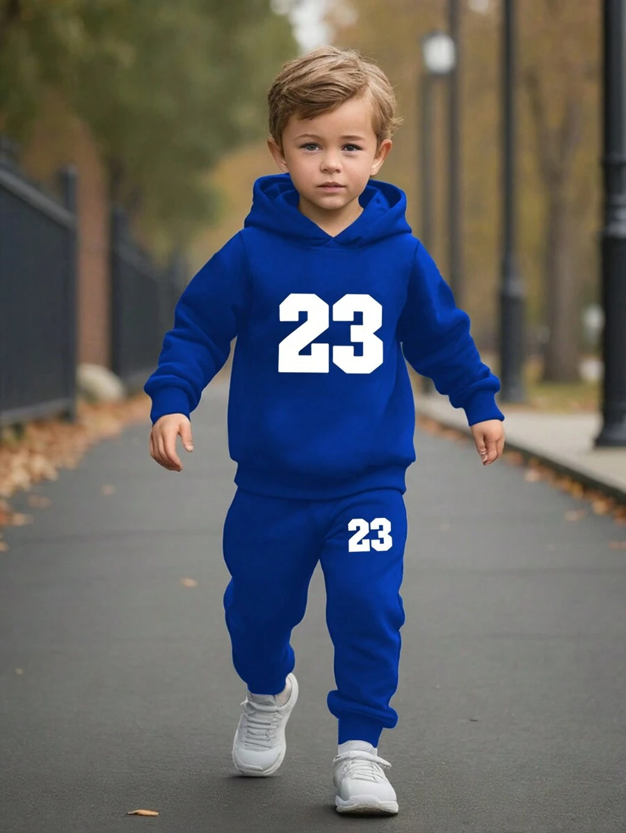SHEIN 2 peças/Conjunto Casaco com Capuz e Calça de Moletom Esportiva Casual com Estampa de Letra para Meninos Jovens, Adequado para Outono e Inverno
