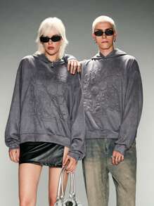 Manfinity VCAY Men's Woven Letter Graffiti Printed Loose Casual Hooded Sweatshirt, Suitable For Fall/Winter - Dark Grey - View 1