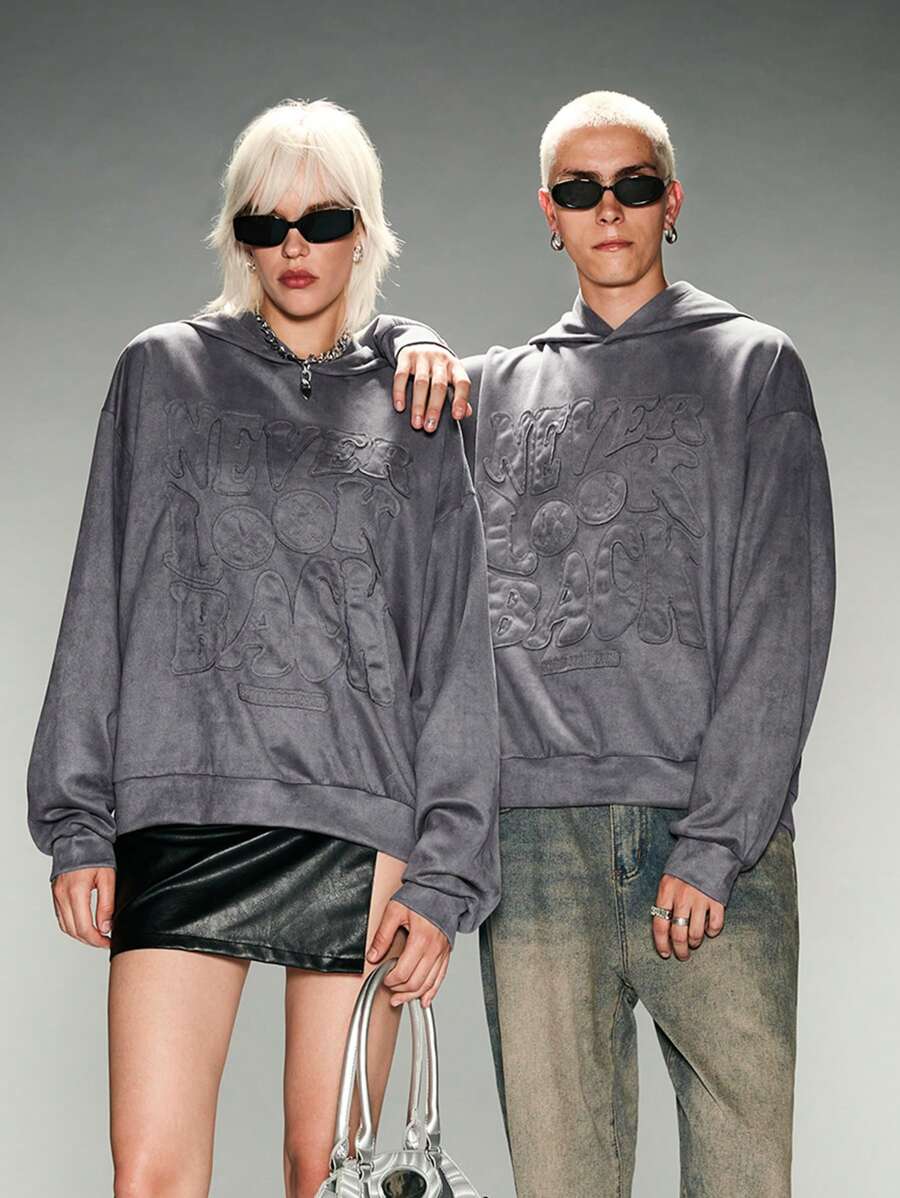 Manfinity VCAY Men's Woven Letter Graffiti Printed Loose Casual Hooded Sweatshirt, Suitable For Fall/Winter - Dark Grey - View 1