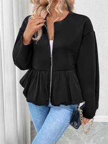 Chiquease Dropped Shoulder Floral Hem Fashion Jacket, Spring And Autumn - Black - View 4