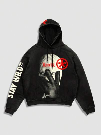 Street Life Felpa con cappuccio da uomo con laccetti, stampa di lettere e figure, adatta per primavera ed estate