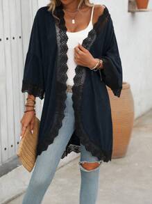 SHEIN LUNE Áo khoác nhẹ tay giữa mùa hè cho nữ, áo len cardigan, viền hoa, tay áo tương phản, viền cong - Màu xanh hải quân - Xem 3