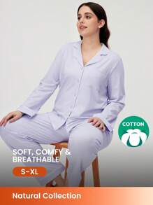 LUVLETTE Blue Soft Basic Long Women Cotton Pajama Set Lounge Sets For Women Pants With Pockets
