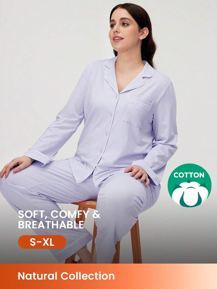 LUVLETTE Blue Soft Basic Long Women Cotton Pajama Set Lounge Sets For Women Pants With Pockets