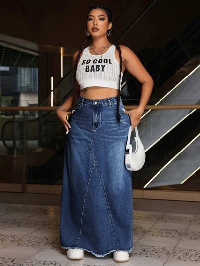 SHEIN ICON Plus Size Casual Distressed Denim Skirt
