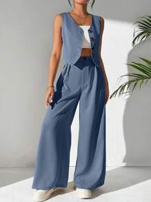 Chiquease 2 piezas Conjunto de chaleco corto liso y pantalones de traje con pierna ancha y plisada, para uso casual y de oficina en primavera y verano - Neblina azul - Ver 4