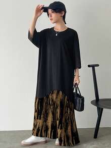 FRIFUL 女士纯色印花拼布圆领休闲连衣裙 - 棕色 - 查看 2