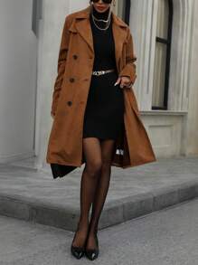 Aveloria Modichic Women's Faux Suede Trench Coat Notched Lapel Double Breasted Jacket With Belt 