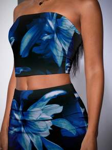 SHEIN BAE 2 件套女士夏季花卉印花短款吊带背心和长款修身中长裙套装 - 黑色 - 查看 3