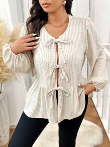 SHEIN Frenchy Áo sơ mi babydoll thắt nơ sọc cỡ lớn thường ngày - Màu be - Xem 3