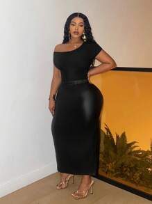 Slaydiva Plus Black Elastic Leather Pencil Skirt - Black - View 4