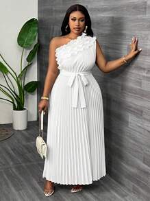 Slaydiva 大码优雅宴会不对称肩部荷叶边腰部褶皱杏色夏季连衣裙 - 杏色 - 查看 3