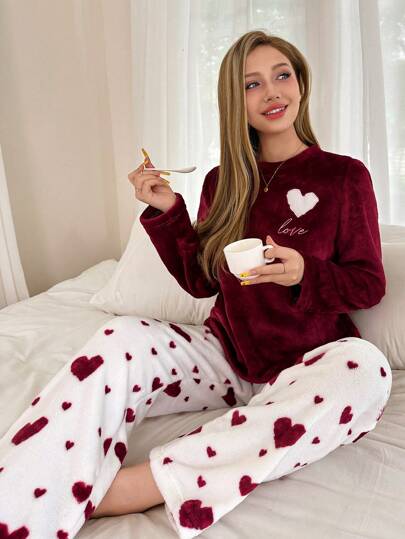 Heart Shaped Flannel Long Sleeve Top Pants Fluffy Pajama Set Warmth Cozy Elegante s, Fall Clothes view 5