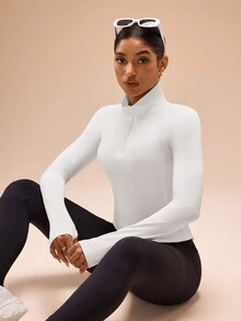 Áo nỉ nữ tay raglan dài tay màu trơn, khóa kéo phía trước, kiểu dáng năng động, thích hợp cho mùa xuân/hè/thu. - trắng - Xem 4