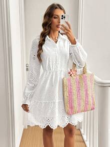 SHEIN Frenchy Women's Solid Color Laser Cut Embroidered Ruffle Hem Dress, Spring/Summer Winter New Year White - White - View 5