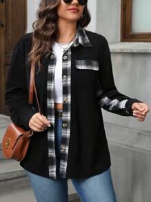 SHEIN LUNE Plus Size Women's Solid Plaid Patchwork Long Sleeve Jacket