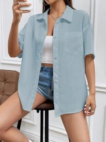 SHEIN Unity Áo sơ mi nữ tay ngắn trễ vai màu trơn rộng rãi thường ngày - Màu xanh lam - Xem 6