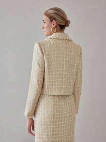 MOTF PREMIUM TWEED PLAID PATTERN LAPEL COLLAR RAW EDGE CROP BLAZER - Khaki - View 3