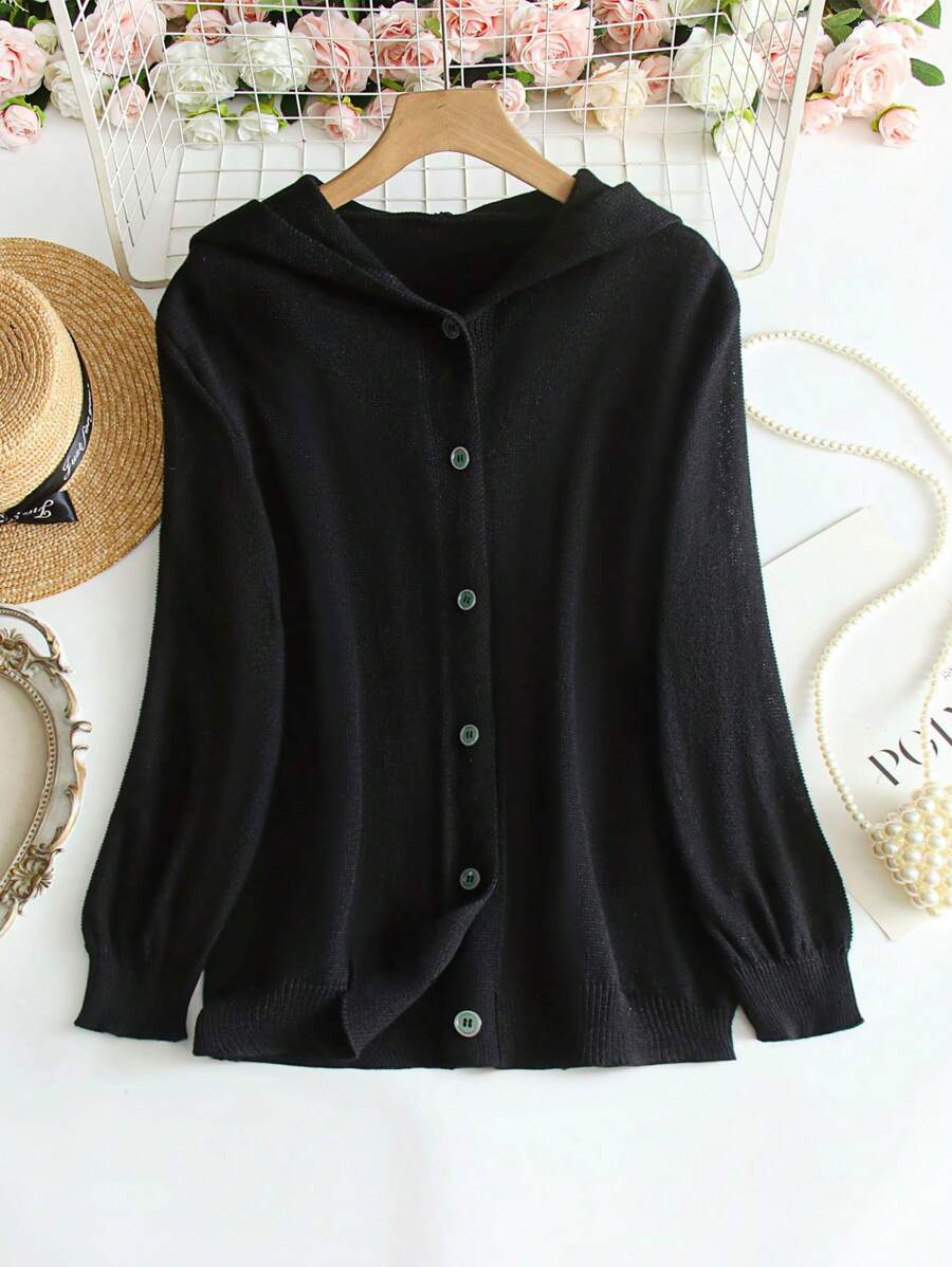 SHEIN LUNE 女式纯色长袖休闲连帽单排扣开衫，春夏