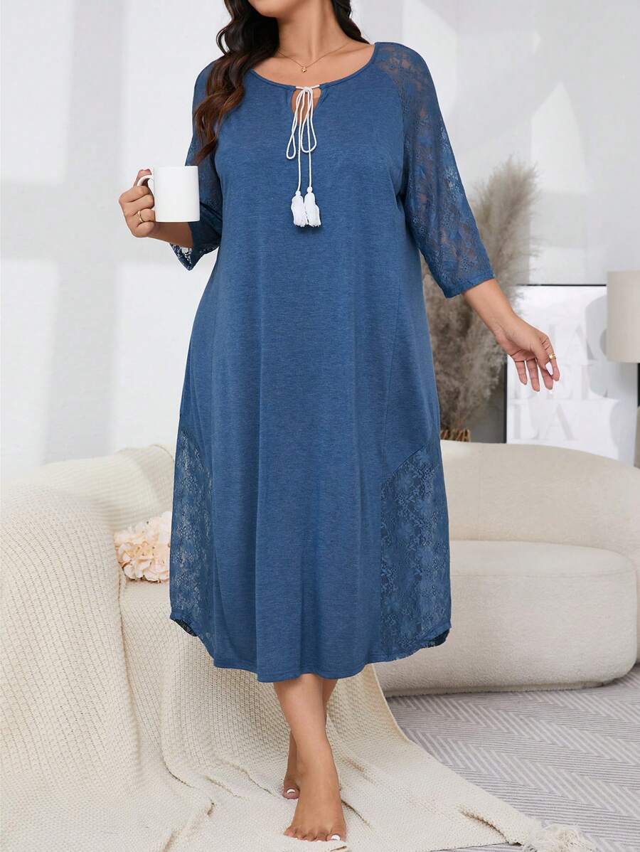 Plus Size Casual Hollow Out Lace Patchwork Fringes Tie Up Dress - Blue - View 1