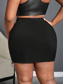 SHEIN Slayr Plus Size Street Style Black Ribbed Knotted Bodycon Mini Skirts - Black - View 2