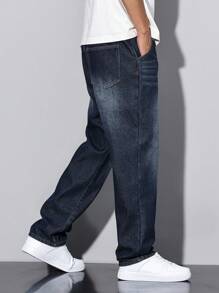 Manfinity Homme 男士水洗做旧保暖牛仔裤，纯色深蓝色长直筒深色水洗牛仔裤水洗工装牛仔裤，适合送给老公、男朋友的礼物