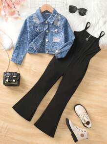 SHEIN Girls Thick Winter Jacket, High-End Fashionable And Minimalist Heart Pattern Long Sleeve Hooded Warm Padded Coat, Suitable For Daily Casual Wear - Black - View 1