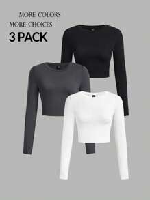 SHEIN PETITE Conjunto de 3 piezas de camisetas casuales y simples para mujeres, de cuello redondo, de manga larga y ajustadas en la Bottom