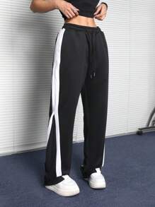 SHEIN EZwear 女士秋季运动装街头风格休闲运动拼布黑色运动裤 - 黑色 - 查看 5