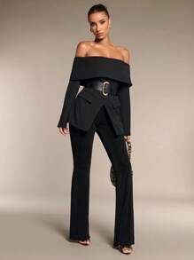 SHEIN BAE Women's Fashionable Off-The-Shoulder Blazer Belt Included Off Shoulder Winter Women Coat Business Women Clothes Winter Women Clothes Professional Tops Winter Women Outfits Women Blazers - Black - View 4