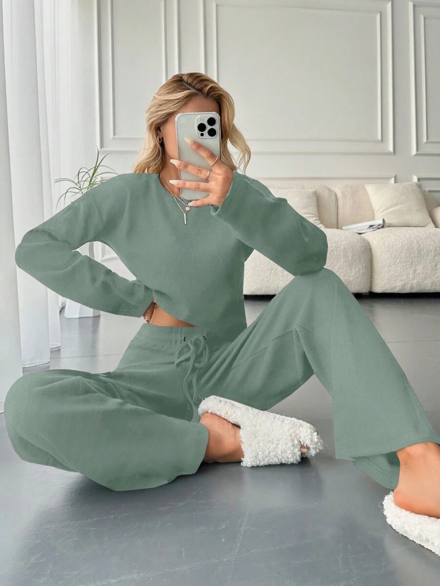 RueChic Solid Tee & Drawstring Waist Pants - Mint Green - View 1