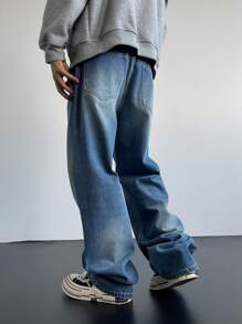 Claim Dot Men's Light Blue Vintage Distressed Washed Loose Fit Baggy Jeans - Dark Wash - View 2