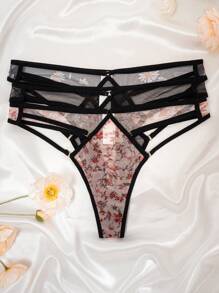 3pcs/Pack Hollow Out Mesh Printed G-String - Multicolor - View 5