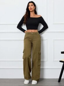 SHEIN Essnce Women's Cargo Pockets Wide Leg Loose Casual Denim Jeans