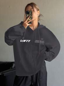 Dazy Star Women's Casual Letter Print Long Sleeve Zip Up Hooded Sweatshirt, For Fall/Winter - Dark Grey - View 3