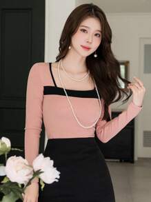 DAZY Women's Crew Neck Contrast Color Fitted Long Sleeve T-Shirt,Fall Women Clothes