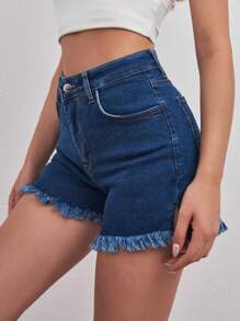 SHEIN Cottnline شورت ميني مع تفاصيل شق الهيم الخام - أزرق متوسط - مشاهدة 5